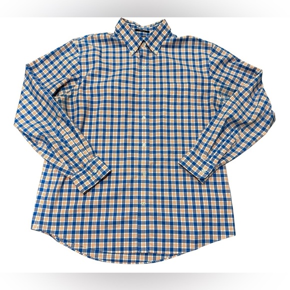 Land’s End Traditional Fit No Iron Twill Shirt Blue Orange Plaid Size Large - Picture 1 of 9